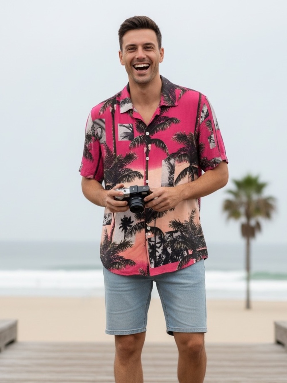 Original Use Hawaiian Pink & Black Palm Tree Print Button-up Shirt, Medium